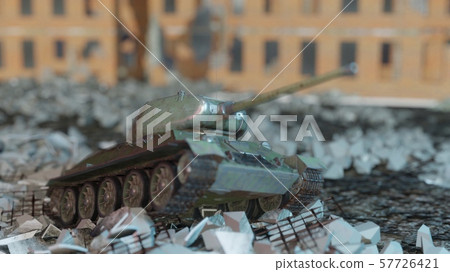 A world war II military tank stands on the ruins of a ruined abandoned city. 3D Rendering 57726421