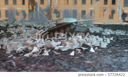 A world war II military tank stands on the ruins of a ruined abandoned city. 3D Rendering A world war II military tank stands on the ruins of a ruined abandoned city. 3D Rendering 57726422
