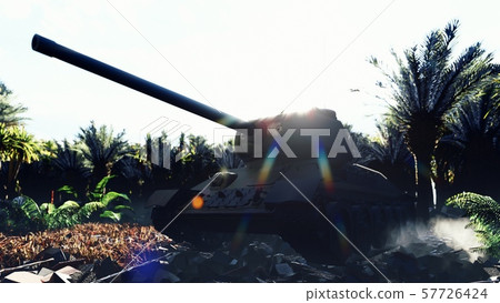 A military tank stands on the ruins in a deserted tropical jungle, and an Armada of military A military tank stands on the ruins in a deserted tropical jungle, and an Armada of military 57726424