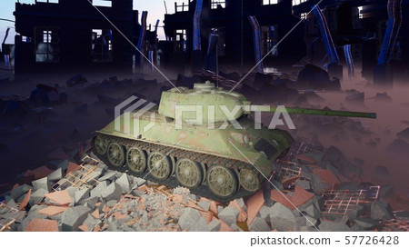 A military tank stands on the ruins of a ruined deserted city. 3D Rendering A military tank stands on the ruins of a ruined deserted city. 3D Rendering 57726428