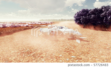 A spaceship lands on a deserted alien planet. Concept on space theme. 3D Rendering 57726483