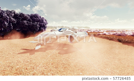 A spaceship lands on a deserted alien planet. Concept on space theme. 3D Rendering 57726485