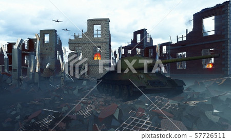 A military tank stands on the ruins and an Armada of military aircraft flies over the ruins of the A military tank stands on the ruins and an Armada of military aircraft flies over the ruins of the 57726511