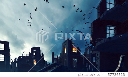 The ruins of an deserted destroyed post-apocalyptic city at sunset. The Concept of Apocalypse. 3D 57726513