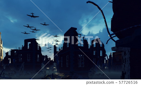 An Armada of military aircraft flies over the ruins of a ruined deserted city. 3D Rendering 57726516