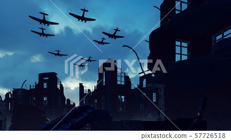 An Armada of military aircraft flies over the ruins of a ruined deserted city. 3D Rendering 57726518
