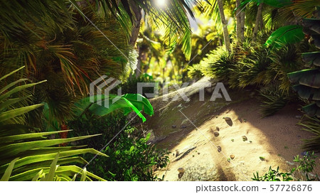 Flying through the green jungle.Green jungle trees and palm trees with blue sky and bright sun. 3D 57726876
