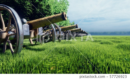Medieval Cannon in a field in the middle of green grass at sunrise before the battle. 3D Rendering 57726923