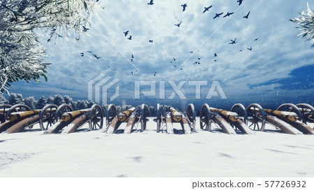 Medieval cannons in the winter field, in the snow on a cloudy day, before the battle. Falling snow 57726932