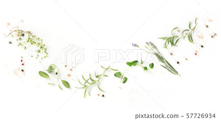A panorama of culinary aromatic herbs on a white background, a flat lay composition with copy space A panorama of culinary aromatic herbs on a white background, a flat lay composition with copy space 57726934
