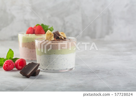 Chia seed pudding with three flavors, cocoa, Chia seed pudding with three flavors, cocoa, 57728024