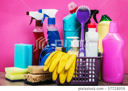 different products and cleaning items on a colored background different products and cleaning items on a colored background 57728059