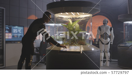 Scientists and robot working in lab 57729797