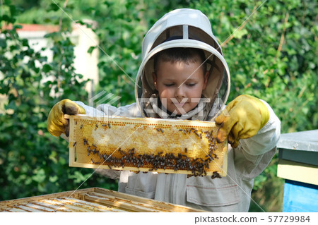 Cheerful boy beekeeper in protective suit near beehive. Honeycomb with honey. Organic food concept 57729984
