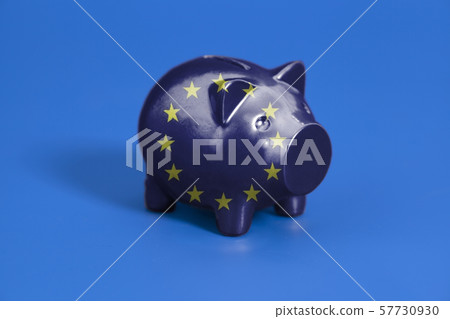 Piggy bank with Flag of European Union. Piggy bank with Flag of European Union. 57730930