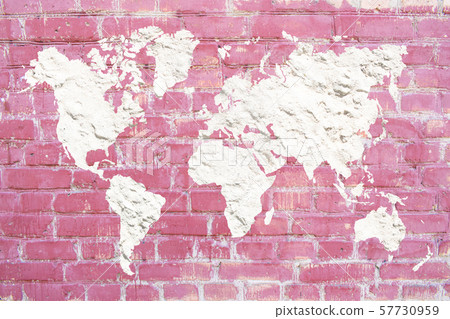 World map of white cement plaster on a pink brick 57730959