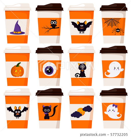 Vector flat design set of paper coffee or tea cups decorated cartoon character with Halloween 57732205