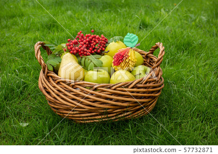 Concept of autumn Apple harvest background, wicker basket on green grass, top view papercraft 57732871