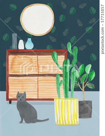 Gray cat with tropical plant flowerpot interior 57733857
