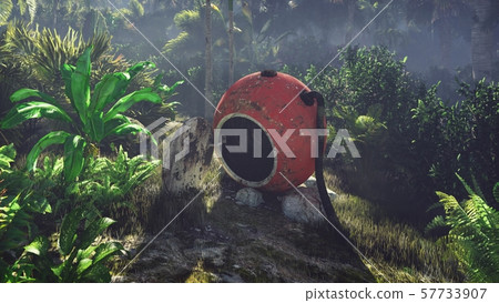 Wrecked space capsule lies in the jungle in the middle of palm trees and tropical vegetation. 3D 57733907