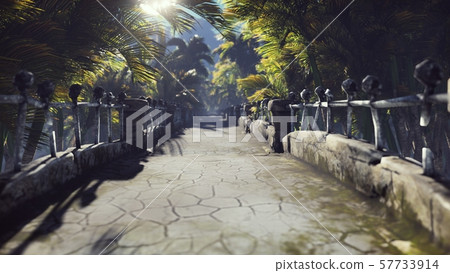 The abandoned stone bridge in the tropical jungle in the middle of palm trees and tropical 57733914