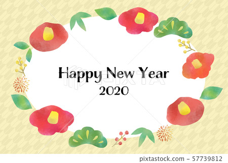 新年賀卡2020水彩紋理山茶花插圖框架 57739812