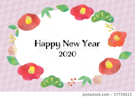 新年賀卡2020水彩紋理山茶花插圖框架 57739815