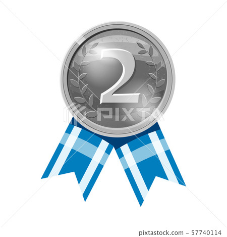 Silver medal blue ribbon with relief detail. Silver medal for second place. Cartoon realistic icon Silver medal blue ribbon with relief detail. Silver medal for second place. Cartoon realistic icon 57740114