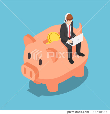 Isometric businessman working on laptop with 57740363