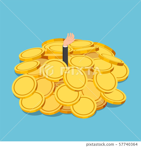 Isometric businessman drowned in gold coin pile Isometric businessman drowned in gold coin pile 57740364