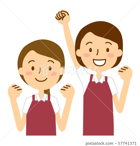 Two women in apron polo shirts dark red Two women in apron polo shirts dark red 57741371