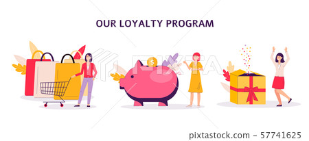 Loyalty savings program with women cartoon flat vector illustration isolated. 57741625