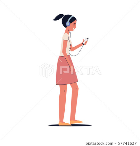 Cartoon girl with headphones walking and listening to music while looking at phone screen 57741627