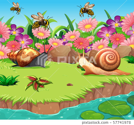 Background scene with snails and bees by the river Background scene with snails and bees by the river 57741978