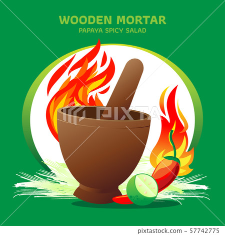 Wooden mortar with fire and ingredient 57742775