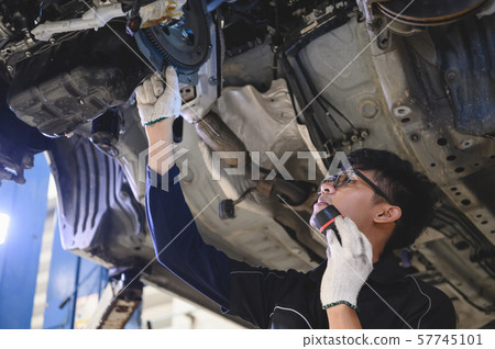 Asian male mechanical hold and shining flashlight 57745101