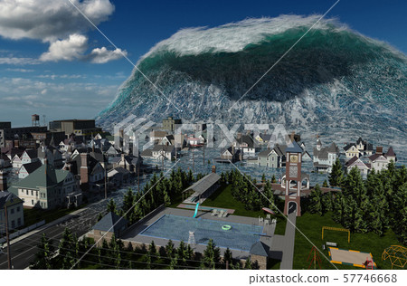 Tsunami wave apocalyptic water view urban flood Storm. 3D illustration 57746668