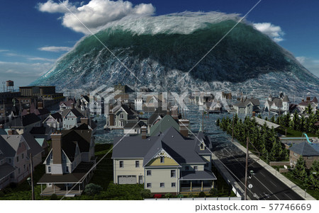 Tsunami wave apocalyptic water view urban flood Storm. 3D illustration Tsunami wave apocalyptic water view urban flood Storm. 3D illustration 57746669