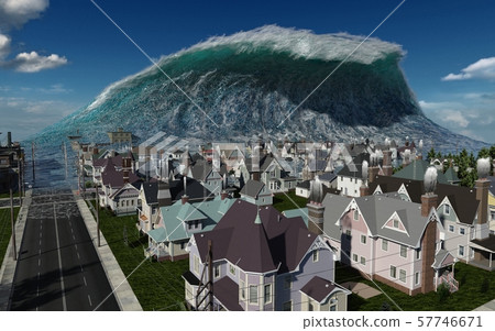 Tsunami wave apocalyptic water view urban flood Storm. 3D illustration 57746671