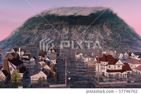 Tsunami wave apocalyptic water view urban flood Storm. 3D illustration Tsunami wave apocalyptic water view urban flood Storm. 3D illustration 57746702