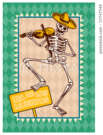 Day of the Dead Posters on a colored background. Skeletons dance and play musical instruments. In Day of the Dead Posters on a colored background. Skeletons dance and play musical instruments. In 57747549