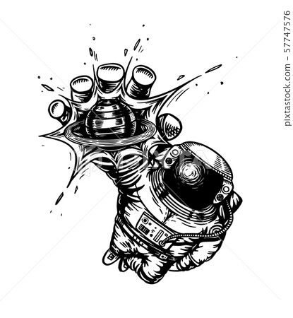 Soaring Spaceman in space. Astronaut reaches to the planet. Man in the solar system. Engraved hand 57747576