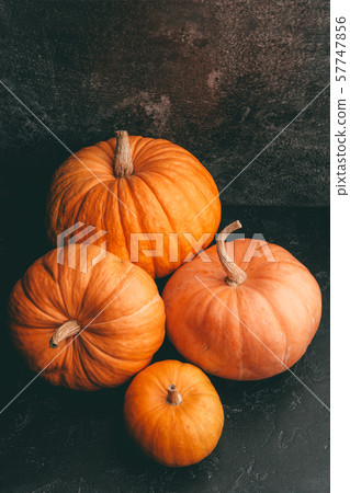 Photo of four orange pumpkins on black background, halloween celebration. Photo of four orange pumpkins on black background, halloween celebration. 57747856