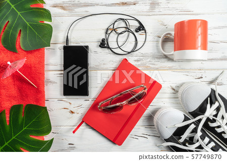 Fashion Weekly Planner, mug, towel, snickers, modern headphones and mobile phone on white rustic 57749870