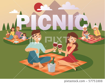 People on summer picnic vector illustration. Young family with children, romantic couple on date People on summer picnic vector illustration. Young family with children, romantic couple on date 57751808