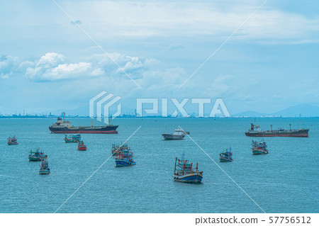 fishing boats and barges moored in Samaesan Bay. fishing boats and barges moored in Samaesan Bay. 57756512