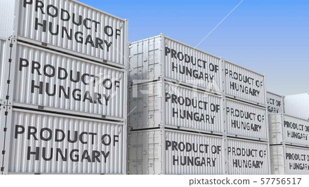 Containers with PRODUCT OF HUNGARY text. Hungarian import or export related 3D rendering 57756517