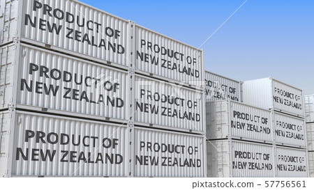 Cargo containers with PRODUCT OF NEW ZEALAND text. Import or export related 3D rendering 57756561