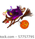 Invitation card on Halloween. Dachshund on a broomstick with a pumpkin and a costume. Digital - 57757795
