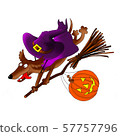 Invitation card on Halloween. Dachshund on a broomstick with a pumpkin and a costume. Digital - 57757796